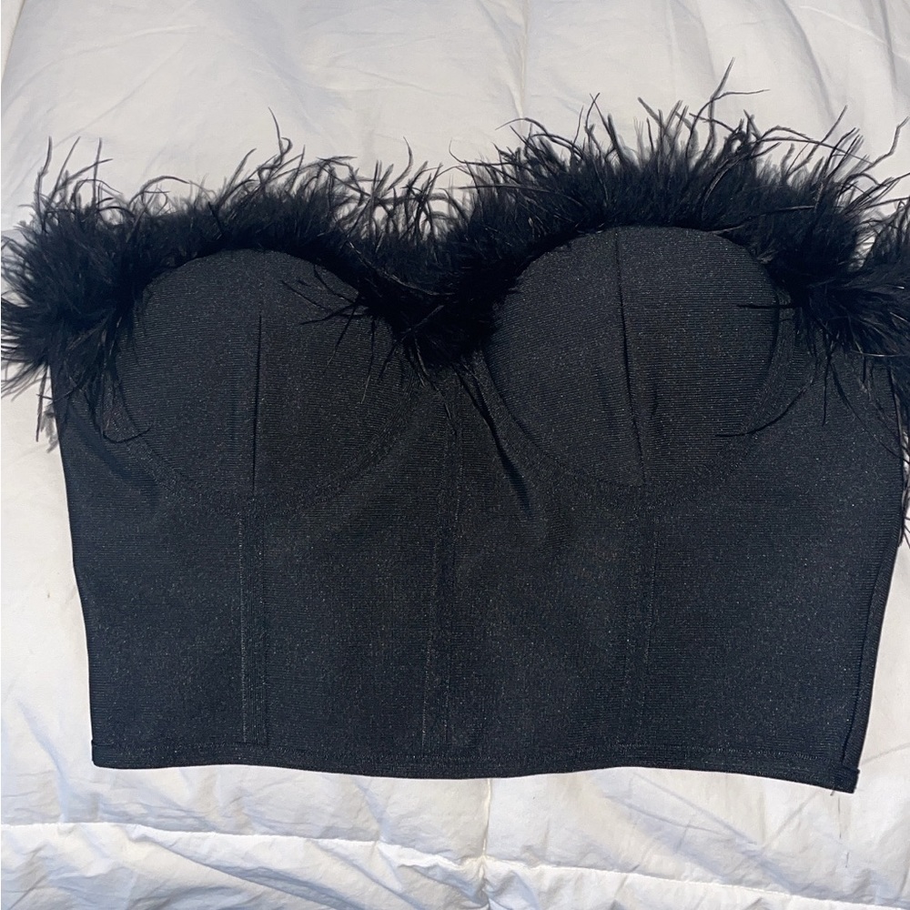 Superdown romana bustier crop top with feathers. Worn once, perfect condition